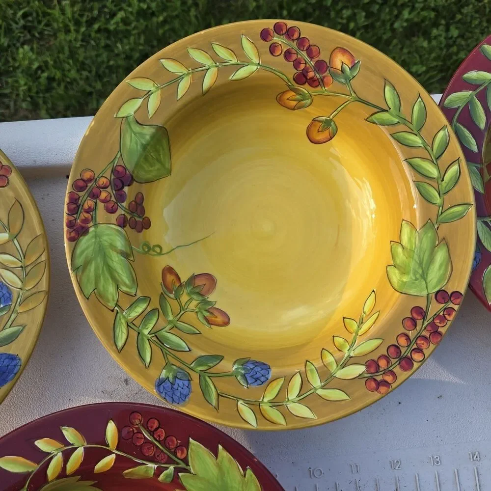 Gates Ware by Laurie Gates 4pc Ceramic Bowl Set Floral Yellow Burgundy Green